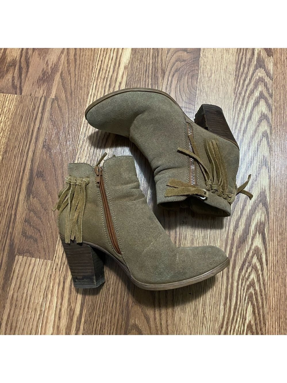 Steve Madden Fringe Ankle Boots Side Zip-Up Block Heel Suede Almond Toe Brown